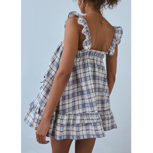 Image of HOXIJIA Women Cute Floral Printed Mini Dress Sleeveless Bow Front Loose Ruffled Short Dress Summer Gingham Babydoll One Piece