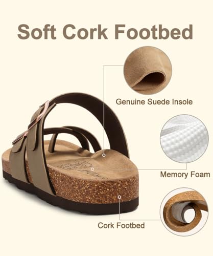 Image of KIDMI Women's Cork Footbed Sandals with Toe Loop, Comfortable Summer Slip-On Slides with Adjustable Buckle