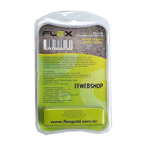 Carregador com 2 Baterias 18650 3,7v 3800mah Lanterna Tática e Cabo Micro USB FLEX FX C10