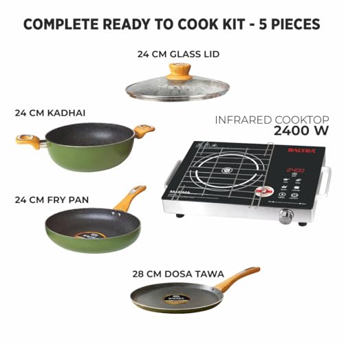Image of BALTRA Maxima 2400W Electric Infrared Induction Cooktop Combo | Includes Duron 4-Piece Cookware Set | 7 Preset Functions, Auto Shut-Off, Glass Top | No Gas Cooking Stove