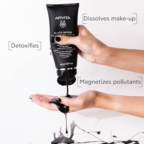 Apivita Black Detox Cleansing Jelly, Detoxifying Face & Eye Cleansing Gel with Activated Charcoal & Propolis