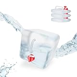 Relaxdays Faltkanister 4er Set, 5 l, Hahn, Schraubdeckel, Tragegriff, Wasserkanister Camping, BPA-frei, transparent/rot