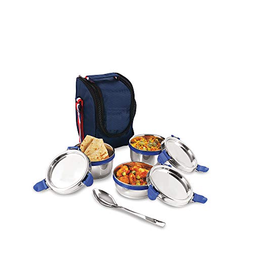Image of 3Pcs Single Wall Stainless Steel Lunch Box with Cover, Spoon & Silicon AirTight Lid | 800ML | Silver