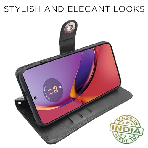 Image of Pikkme Motorola G84 5G Flip Cover Leather Finish | Wallet Stand and Shock Proof | Inside TPU with Card Pockets | Complete Protection Button Flip Case (Black)