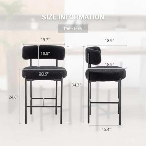 Image of Cinxzar Boucle Bar Stools Set of 2, Black Counter Height Bar Stools with Backs, Modern Barstools for Kitchen Island, Pub, Club