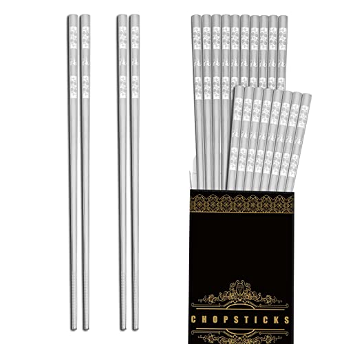 Baguettes 10 paires, Hunnycook Baguettes en acier inoxydable, Réutilisables Chopsticks chinois carrés antidérapants clairs, Lavables au lave-vaisselle Cover