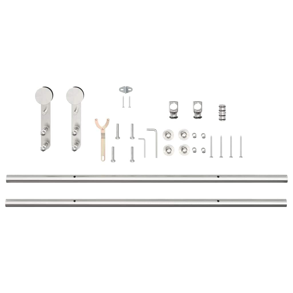 Juego de herrajes para puerta corredera de 183 cm, acero inoxidable plateado con tope de puerta, ruedas, guía de suelo para puerta de habitación y puerta principal, herrajes duraderos para