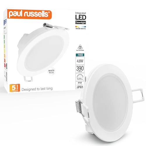 paul russells LED Recessed Downlights, 4.8Watt 390LM, Warm White 3000K, IP65 Rated, Not Dimmable, Round Spotlights for Kitchen, Living & Bathroom, Hallways Ceilings – Pack of 1 (White)