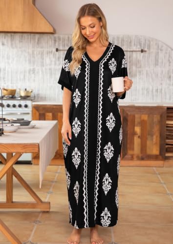 Image of Bloggerlove Women Nightgowns Cotton Caftan House Dress Short Sleeve Sleepwear Vacation Beach Moo Moos Dress with Pockets