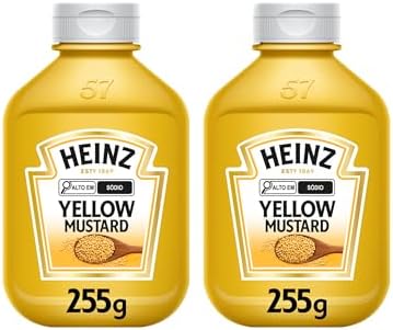 Duas garrafas de Mostarda Heinz Tradicional de 255g lado a lado.