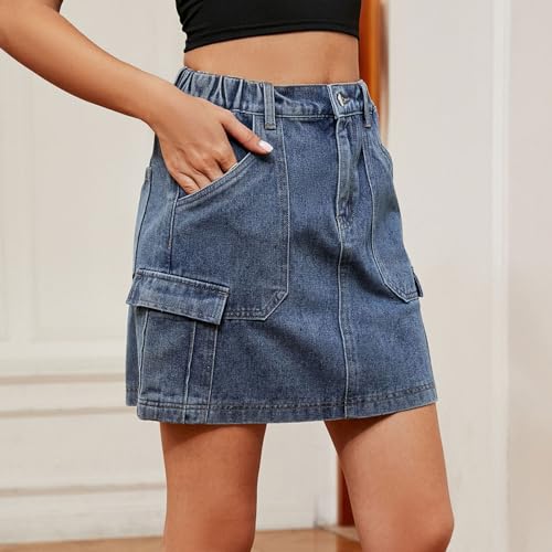 NSICBMNO Blue Denim Skirts for Women UK Mini Skirts Y2K Cargo with Pockets Ladies Summer Elasticated Waist Short Pencil Skirt Casual A Line Outdoor Streetwear Skirt - Image 5