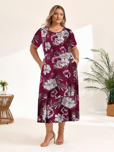 Image of LARACE Plus Size Dresses for Women Summer Casual Short Sleeve Long Dress Flowy Maxi Beach Dresses with Pockets L-6XL
