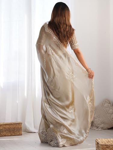 Image of Satrani Women's Tissue Silk Sequin Embroidery Scalloped Border Saree with Unstitched Blouse Piece