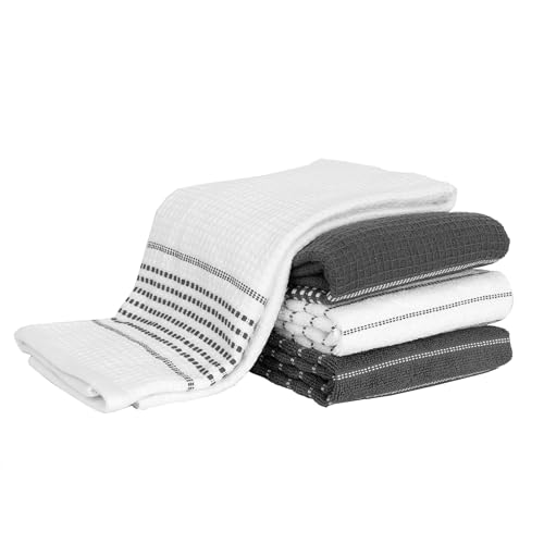All-Clad Premium Skipping Stripe & Wave Towels: Highly Absorbent, Super Soft Long Lasting 100% Cotton, 17"x28" Kitchen Towels for Cleaning & Drying Dishes, Pans, Glassware, 4-Pack, Pewter