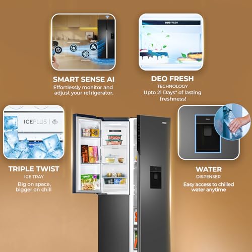 Image of Haier SmartChoice 592L 3Star 3-Door Water Dispenser Side by Side Frost Free Refrigerator|Convertible|Smart Sense AI|Inverter|Digital Display Panel (2025 Model, HRT-683WGKU1, Graphite Black)
