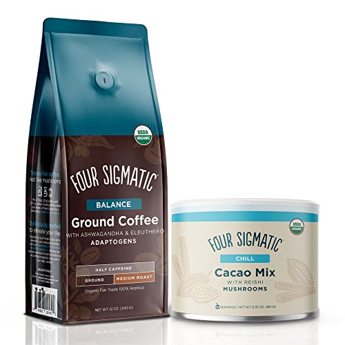 Chill Hot Cacao Can + Adaptogen Ground Coffee Bundle by Four Sigmatic | Organic Reishi Mushroom with Cacao Powder | Focus and Energy Boosting Coffee with Ashwagandha, Chaga Mushroom, Eleuthero