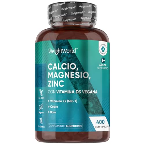 Calcio, Magnesio y Zinc con Vitamina D3, K2 y Más - 400 Comprimidos Veganos (+1 Año) - Complejo de Vitaminas y Minerales, Sin Gluten, Sin Lactosa
