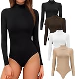 MLYENX 4 Pack Long Sleeve Bodysuit for Women Mock Turtleneck Casual Basic Stretchy Body Suits Tops