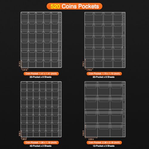 Coin Collection Book with 520 Pockets Coin Holders, Coin Albums for Collectors Coin Sleeves-Paper Money Binder Organizer Coins Storage Case with Lock,Collecting Coin Collection Supplies for Bill,Stamp