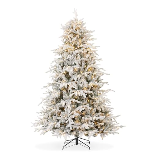 Casafield 6.5FT Pre-Lit Snow Flocked Aspen Fir Artificial Holiday Christmas Tree with White & Multicolored LED Lights, Realistic Noble Fir with Sturdy Stand