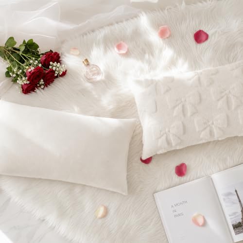 Image of decorUhome Cream White Bow Faux Fur Throw Pillow Covers 12x20 Set of 2