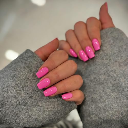 KXAMELIE Hot Pink Press on Nails Medium Square, Soft Gel Fake Nails Short Coffin, Glossy Full Cover Acrylic Nails Press on with Nail Glue, Reusable Fushia Glue on Nail for Women, Easy to Apply, 28 Pcs