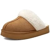 Litfun Women's Fuzzy Memory Foam Slippers Fluffy Winter House Shoes Indoor and Outdoor, Platform Brown 8-8.5