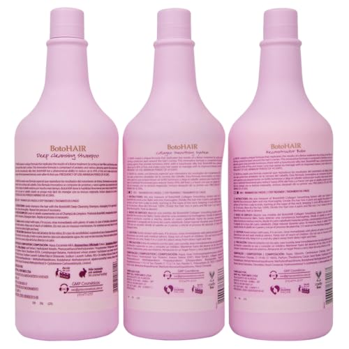 Inoar BotoHair Collagen Smoothing System with Keratin, Deep Cleansing Shampoo, Collagen Smoothing System & Reconstructor Balm, 33.8 fl oz Each