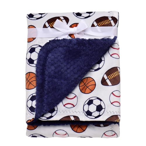 Image of 2 Ply Silky Baby Blanket, Reversible to Plush Fabric, Sports Print (Navy Blue, 30 in. x 40 in.) Baseball, Soccer, Basketball, Football