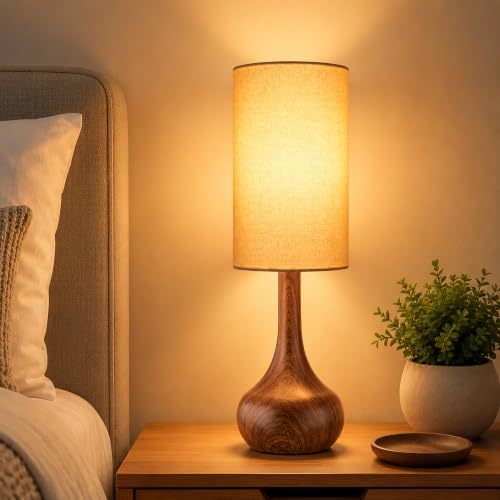 LEDIKON Mid Century Modern Walnut Wood Grain Table Lamp, Touch Control & 3-Way Dimmable, Space-Saving Design, Vintage Bedside Lamp for Bedroom, Living Room, Office (LED Bulb Included)