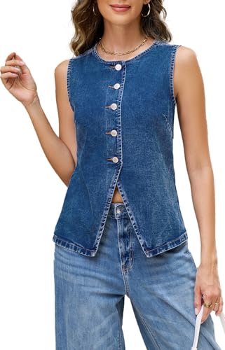 Women Denim Vest Button Down Denim Long Vest Top Sleeveless Jean Waistcoat