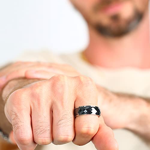 8Mm Titanium Fidget Wedding Rings Black Ceramic Faceted Spinner Rings For Men Women Silver, Nickel Free Anxiety Promise Engagement Ring Finger Band Comfort Fit Size 9.5 #TOP1