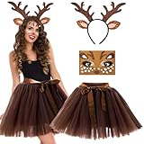 Vibbang Rentier Kostüm, Reh Kostüm Damen, Hirsch Blumenstirnband und Tüllrock Braun, Karneval Cosplay Kostü-m mit Gesichtsaufkleber, Elch Cosplay für Party, Karneval, Mottoparty