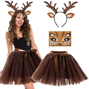 Vibbang Rentier Kostüm, Reh Kostüm Damen, Hirsch Blumenstirnband und Tüllrock Braun, Karneval Cosplay Kostü-m mit Gesichtsaufkleber, Elch Cosplay für Party, Karneval, Mottoparty