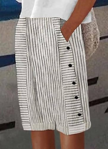 Women's Striped Print Black White Capris Pants 2025 Summer Elastic Waist Side Buttons Cropped Trousers with Pockets4