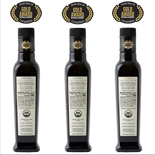 Entimio Collection | Italian Polyphenol Rich (+400-600Mg/Kg) 2023 Gold Award Organic Olive Oil Extra Virgin | 2022 Harvest From Tuscany, Italy, Early Harvest Olive Oil Set | 25.5 (3 X 8.5) Fl Oz #TOP7