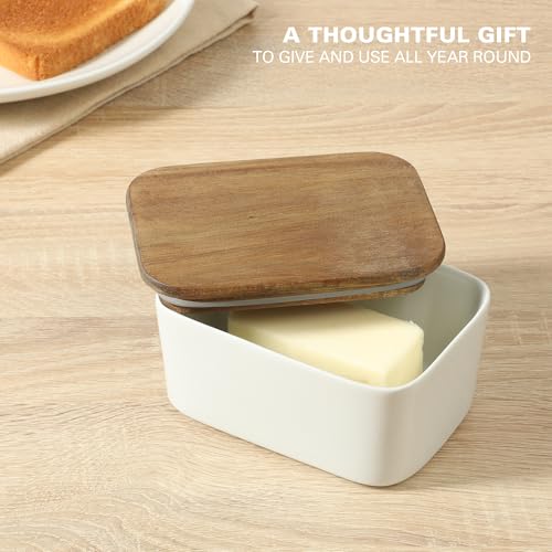 Gibson Home Bristlewood Rectangular Ceramic Butter Keeper with Acacia Wood Lid, Modern Farmhouse Butter Dish, Glazed Stoneware Storage for Kitchen Countertop or Table by Gibson Home - Image 5