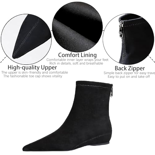 Women's Suede Flat Ankle Boots with Back Zipper Retro Comfortable Pointed Toe Internal Height Increase Wedge Short Bootie Fall Winter Daily Casual Dress Boots3