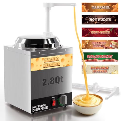 Nacho Cheese Dispenser with Pump - 2.2Qt Nacho Cheese Warmer, Commercial Hot Fudge Dispenser W/5-Level Temperature Adjustment for Stainless Steel Hot Fudge Warmer, Cheese Caramel