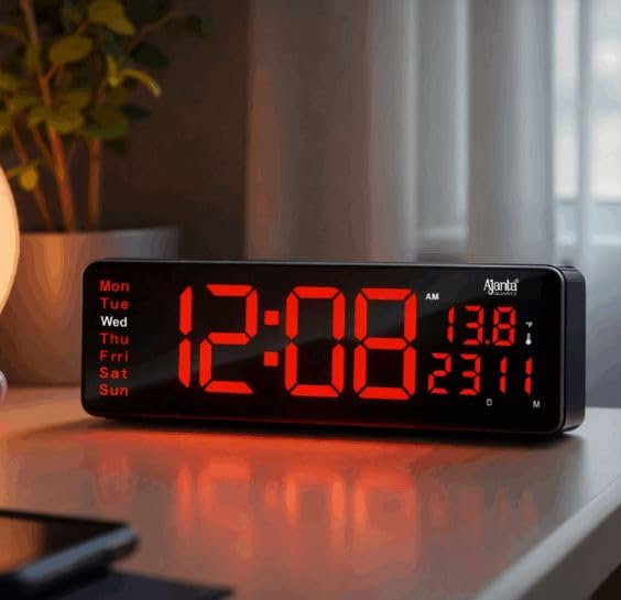 Image of Ajanta Digital Electric Wall Clock with Time, Temperature, Date & Day | RGB LED Night Light Display | USB Type-C Charger | 12 /24H Format & Snooze (Red.)