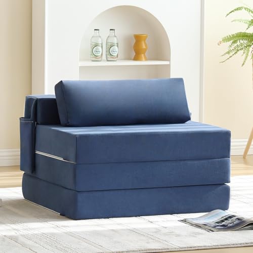 Image of Tiita Folding Sofa Bed Chair, 4-Fold Convertible Sleeper Chair with Lumbar Pillow, Washable Cover & Side Pocket, Floor Couch Bed with Raised Seat, Single Size for Small Spaces, Navy