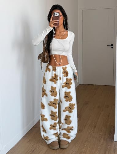Image of ZAFUL Women's Fuzzy Plush Pajama Pants Wide Leg Pj Bottoms Lounge Pants