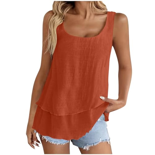 Tank Top Damen Sommer,V-Ausschnitt Doppelter Saum Leinenbluse Elegante Ärmellose Shirts Leinenshirt Baumwolle Einfarbige T-Shirts Basic Blusentop Musselin Tanktops für Urlaub Strand