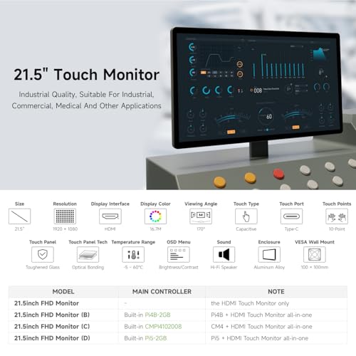 Image of waveshare 21.5inch Capacitive Touch Monitor, 1080x1920 Full HD, Optical Bonding Toughened Glass Panel, HDMI, 10-Point Touch,Built-in Pi5-2GB