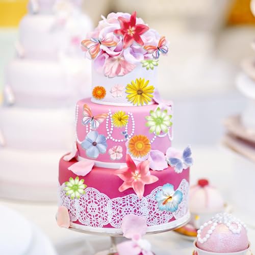 60 Stück Tortendeko Blumen Essbar, Essbare Blumen Für Torte, Torten Deko Schmetterling Kirschblüten Esspapier Blüten Kuchendeko Geburtstag Für Essbare Cupcake Topper Kuchen Deko Hochzeit,Geburtstag