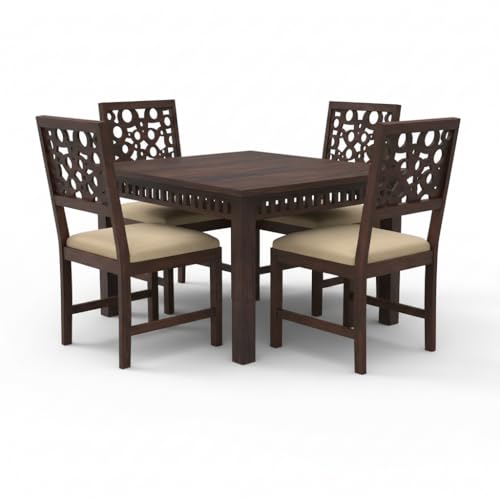 Image of WOODLAB Sheesham Wood 4 Seater Dining Table Set with Chairs | Wooden Dining Table for Home Dining Room | 4 Seater Dinner Table Set for Living Room and Home - Walnut Finish