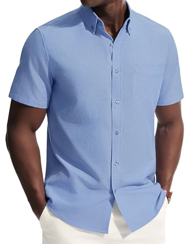 PJ PAUL JONES Mens Short Sleeve Oxford Shirts Smart Casual Business Shirts with Pocket Blue L