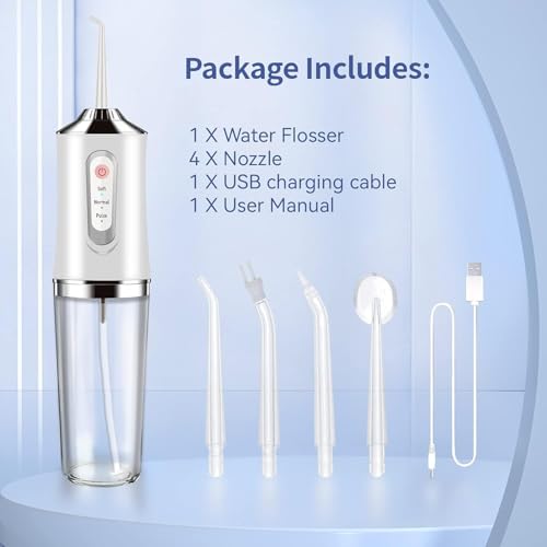 Water-Flosser-Cordless-Teeth-Cleaner Water Dental Flosser with 3 Modes 4 Jets Rechargeable IPX7 Waterproof for Travel Home Braces(White)