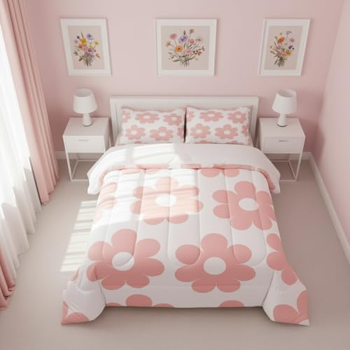 Manfei Girly Pink Twin Size Down Comforter Set, 70s Groovy Daisy Flowers Duvet/Quilt Set Soft Bed Collection, Cute Cartoon Floral Bedding Comforter for Boys Girls Bedroom,2 Pcs