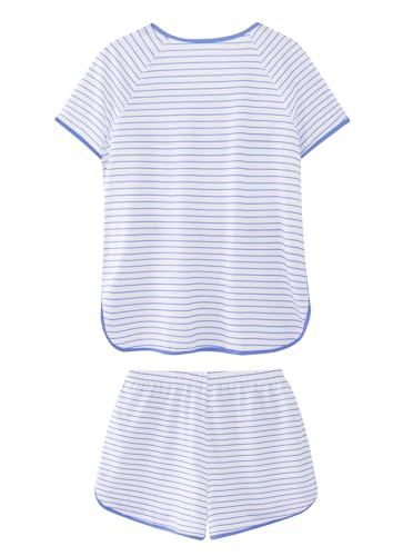 Image of Hilinker Women Striped Pajama Set Short Sleeve Top with Shorts Sleepwear Pjs 2 Piece Lounge Sets
